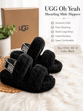 UGG Oh Yeah Shearling Slide Slippers Black Logo Strap Size 6 EU 37